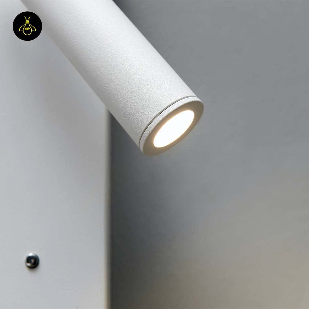 Bedside Reading Light with USB Charging – Matte White Wall Sconce (USB-A + USB-C) 10 Matte white LED reading head close-up with on-fixture switch – Jagmag Lights