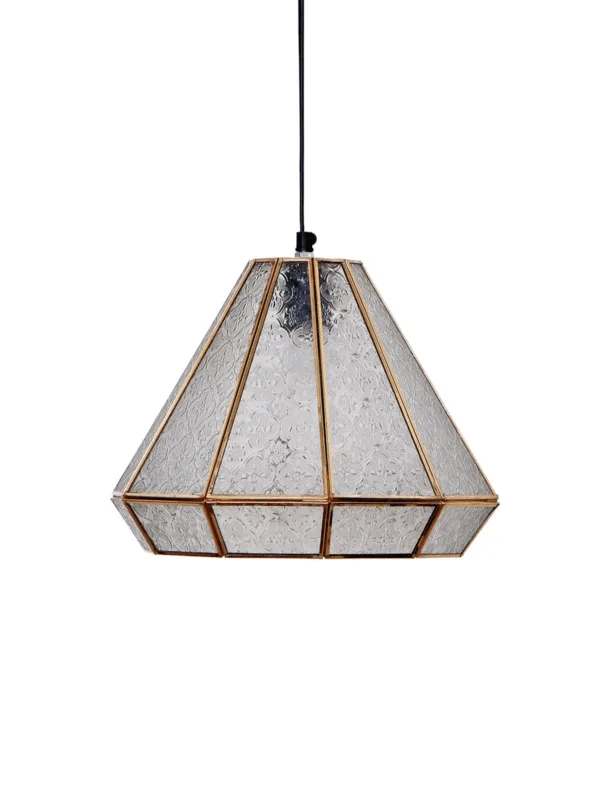 Moroccan pendant light unlit on white, faceted lantern of embossed clear borosilicate glass in a gold-finish 304 stainless steel frame on black wire
