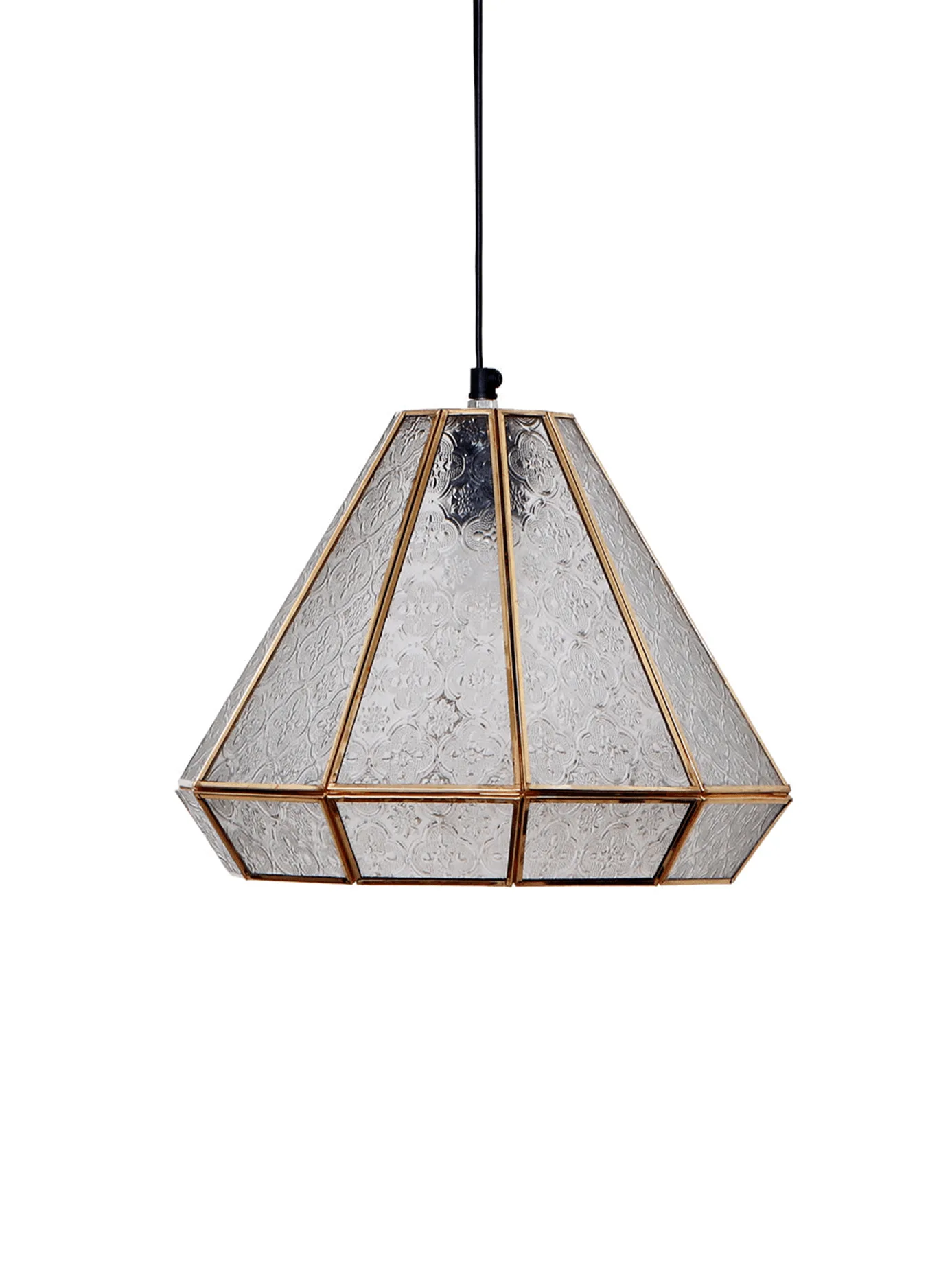 Moroccan Pendant Light – Handcrafted Textured Glass Lantern, 30 cm 2 Moroccan glass pendant light with gold-framed faceted lantern shade, 30 cm wide, for living and dining rooms