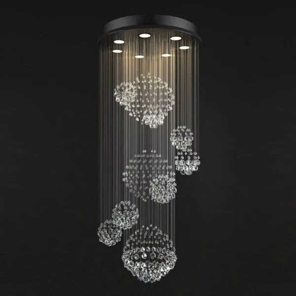 Spiral raindrop chandelier with cascading K9 crystal balls and a large lower sphere for a staircase