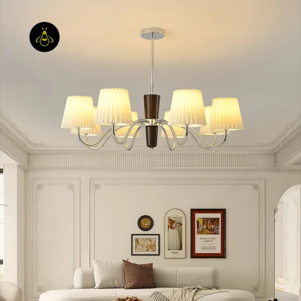 Modern fabric chandelier with white pleated shades and curved chrome arms