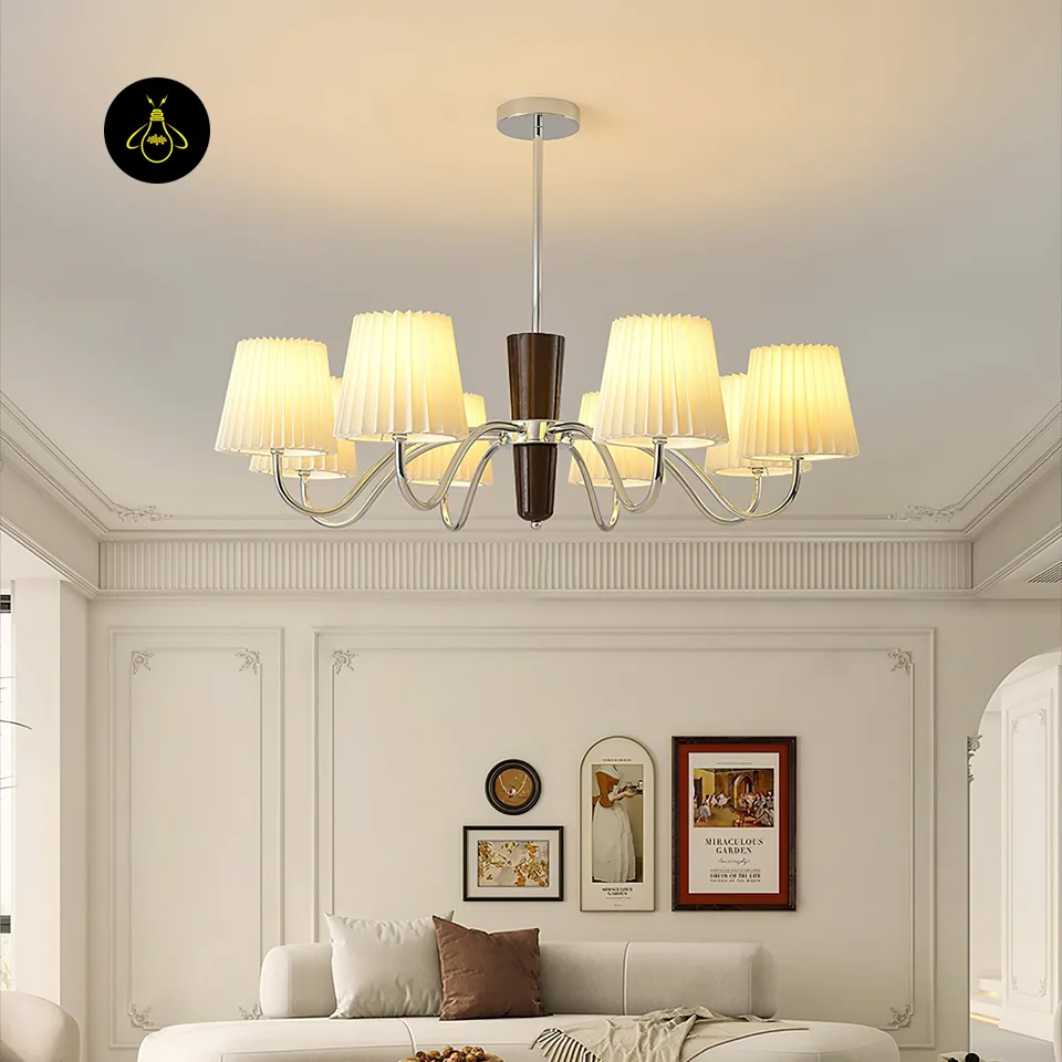 Fabric Chandelier – Designer Shadalia 8-Light Walnut & Chrome, 87 cm 4 Modern fabric chandelier with white pleated shades and curved chrome arms