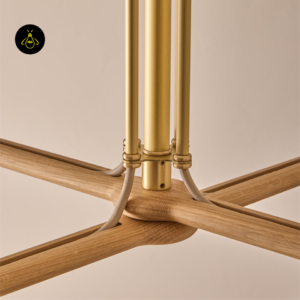 Modern wood and brass chandelier with leather shades, full view