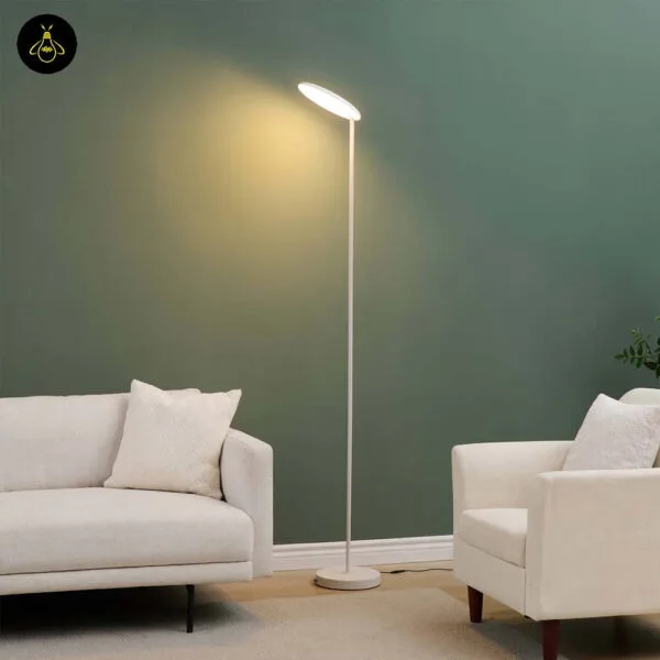 White LED floor lamp with adjustable head styled for a study corner