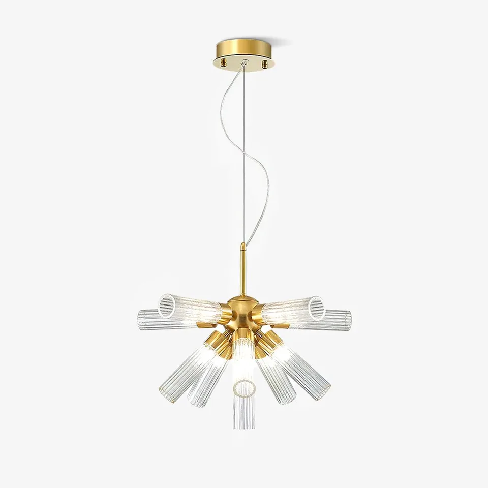 Gold fluted glass chandelier with a sputnik burst of clear glass tubes for a living room