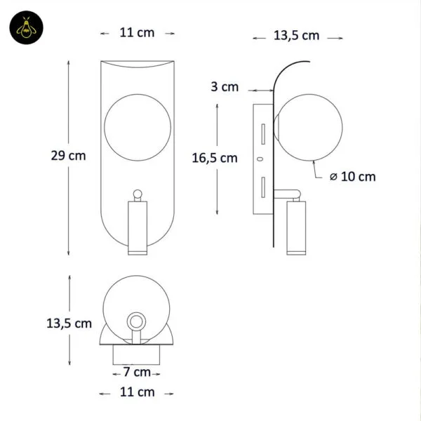 Dimension drawing of the bedroom reading light: 29 cm high, 11 cm wide, 13.5 cm projection, Ø10 cm globe, 16.5 × 7 × 3 cm backplate box