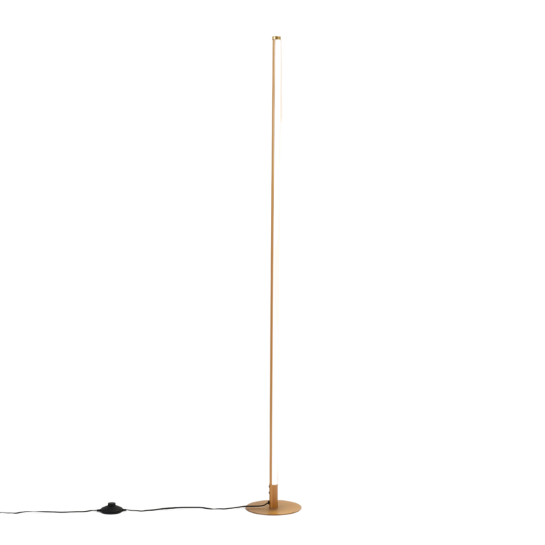 Minimalist gold LED floor lamp with integrated LED on a plain background