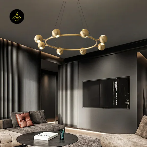 Modern brass-finish circular LED chandelier ring