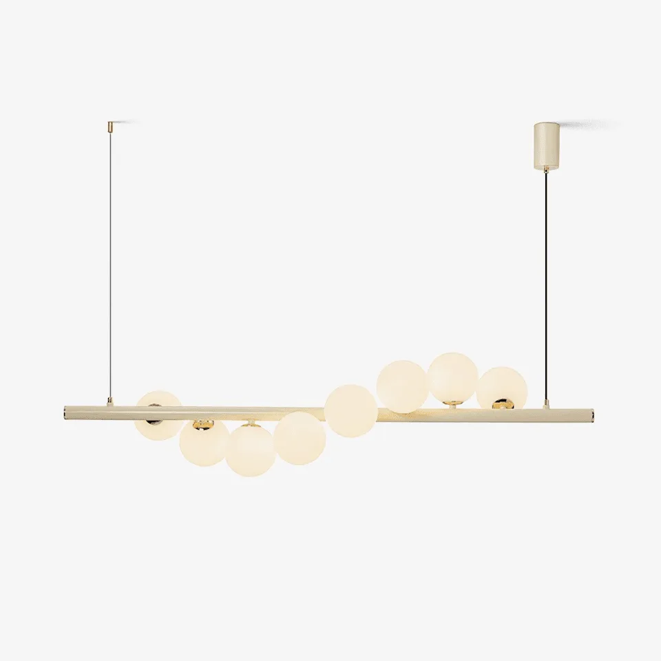 Modern linear chandelier with eight opal borosilicate glass globes in a wave on a creamy yellow steel bar