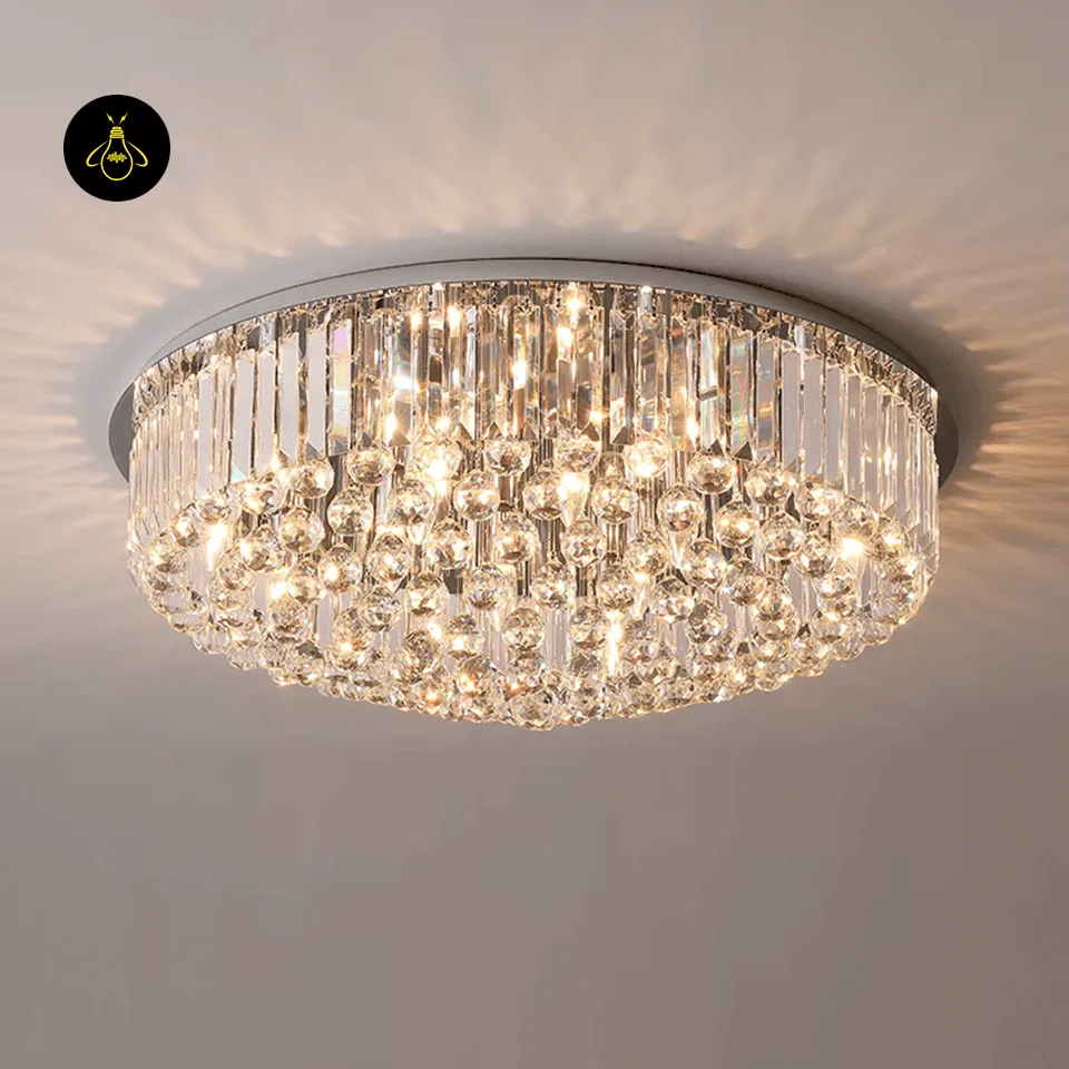 Crystal Ceiling Chandelier – Round Flush-Mount K9, 6 Sizes 2 Modern crystal ceiling chandelier with faceted crystal balls and polished chrome frame