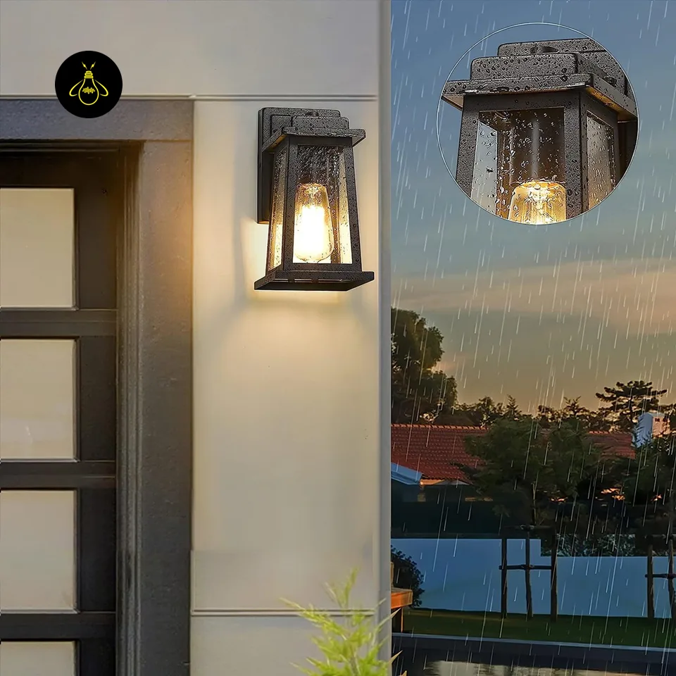 Outdoor Wall Lantern – 28 cm Black Metal & Clear Glass | Jagmag Lights 6 Weather-resistant wall lantern with glass panels shown in rain – Jagmag Lights