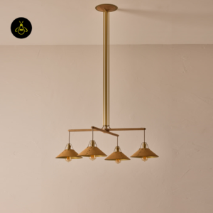 Oak wood chandelier with brass poles and leather shades, handcrafted in India