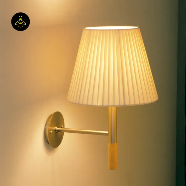 Fabric Wall Light for Bedroom – Pleated Silk Shade, Satin Nickel and Wood, 33 cm — 3D preview