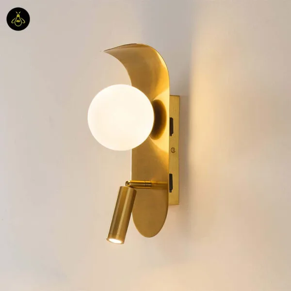 Bedroom Reading Light – Brushed Gold Wall Light, Opal Glass Globe and LED Reading Spot, 29 cm — 3D preview