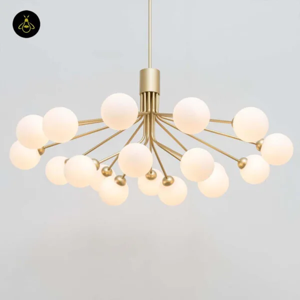 Gold modern chandelier with opal borosilicate glass globes on radiating brass arms