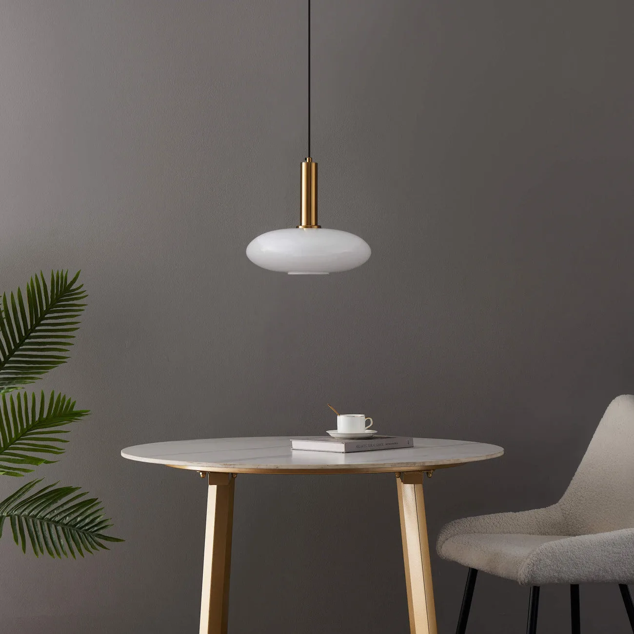 Opaline Glass Pendant Light – Round Brass-Finish Design 8 Close-up of opaline glass and brass-finish pendant light