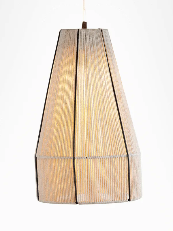 Boho pendant light lit on white, cream raffia wound on a faceted cone with a band at the lower tier
