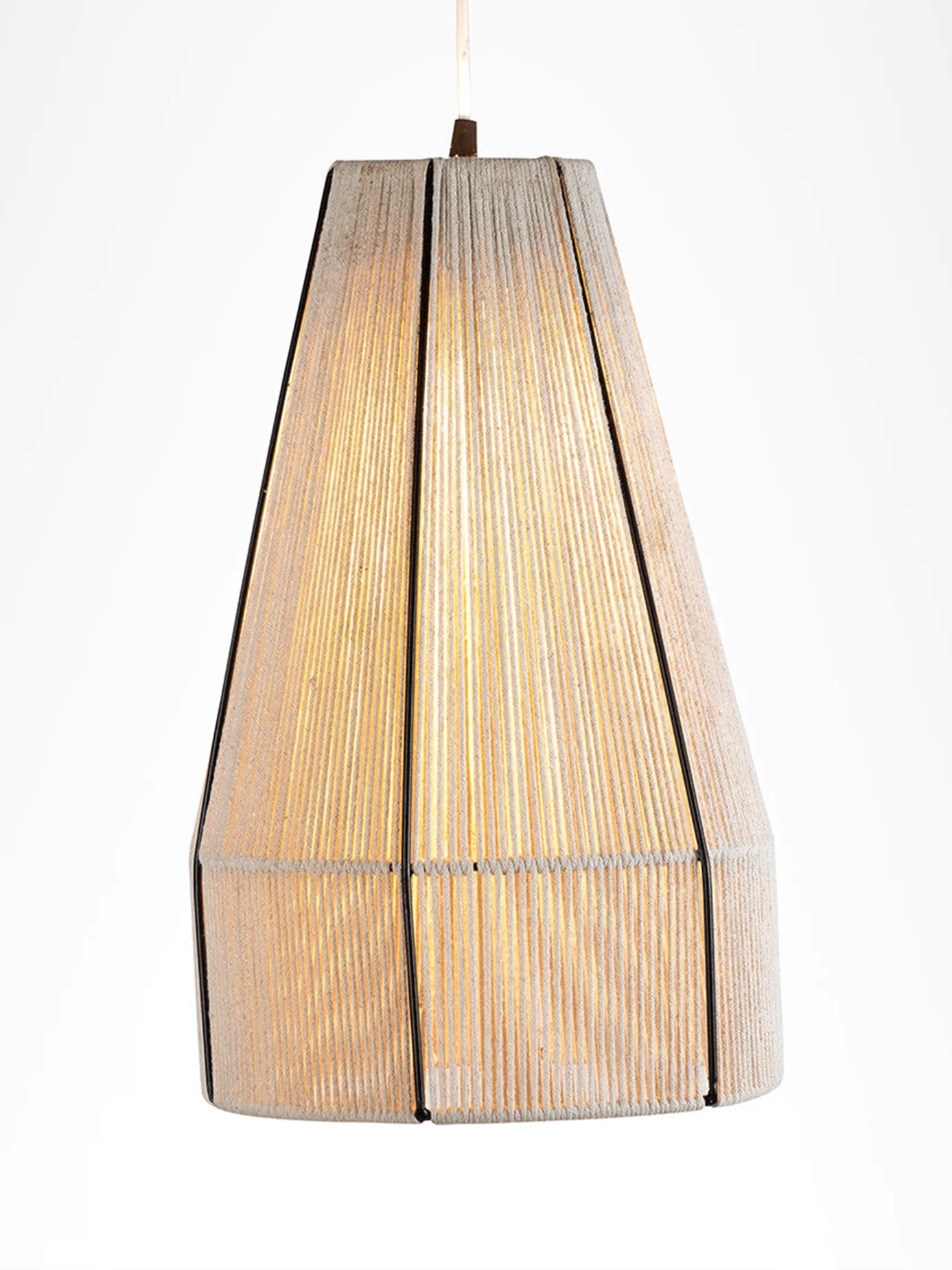 Woven Pendant Light – Handwound Raffia Cone, 16-Inch 3 Woven pendant light with tapered raffia shade and black rib frame for dining and living rooms