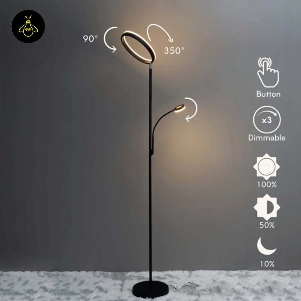 Black LED Floor Lamp with Reading Light – 2-in-1 Ring Uplight 4 Close-up of black LED floor lamp ring uplight, reading arm and 3-step dimming button