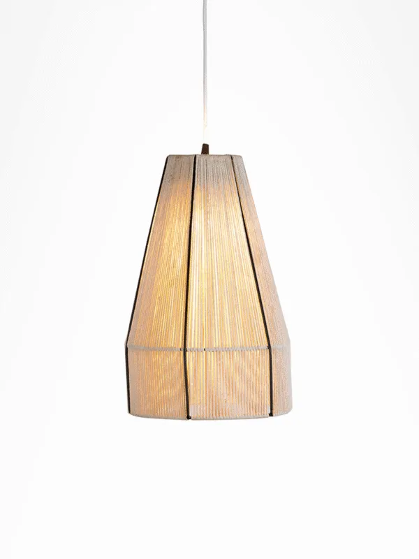 Boho pendant light on white wire against a white background, raffia cone with a dark canopy cap