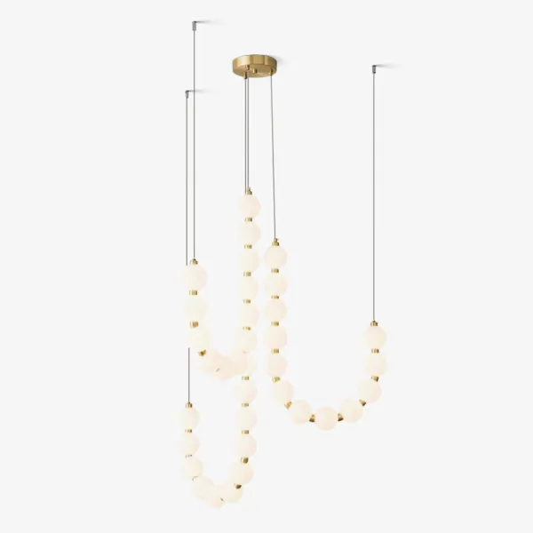 Pearl necklace chandelier with opal borosilicate glass orbs draped on gold cords