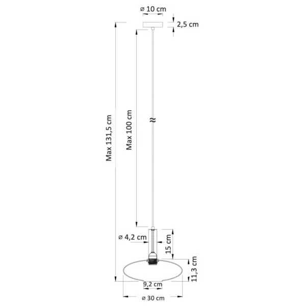 Dimension drawing of the opaline glass pendant light: 30 cm shade, 11.3 cm tall, 100 cm cable, 131.5 cm max drop, 10 cm canopy
