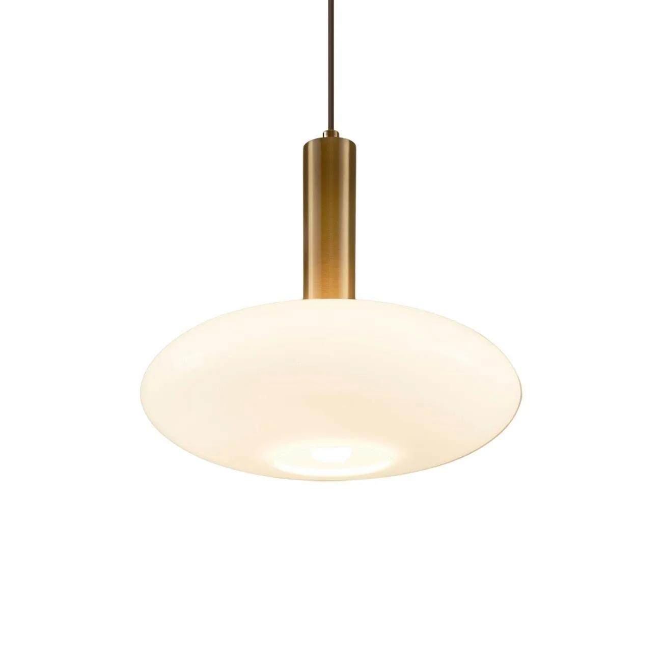 Opaline Glass Pendant Light – Round Brass-Finish Design 1 Brass-finish frame detail of a round opaline glass pendant light