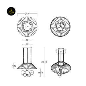 Dimension drawing of milk glass chandelier: 24.4 cm shade, 5 cm globes, 36.15 cm height