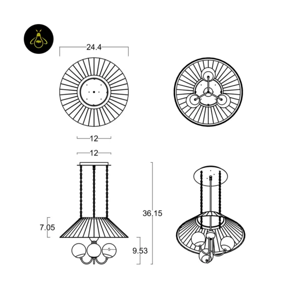 Dimension drawing of opal borosilicate glass chandelier: 24.4 cm shade, 5 cm globes, 36.15 cm height