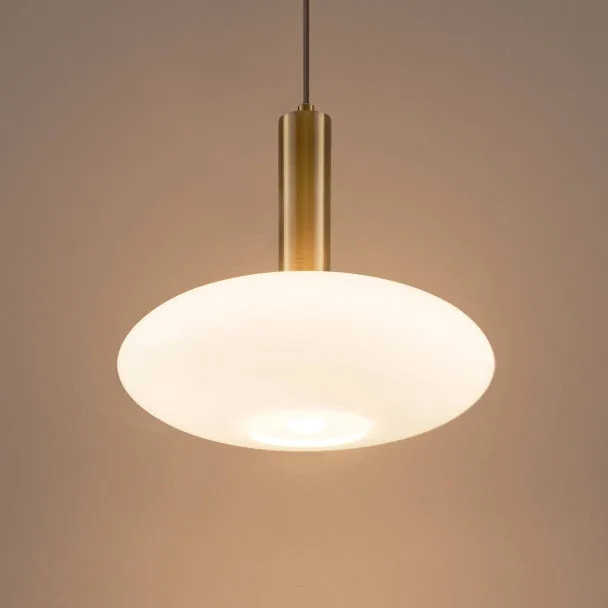Opaline Glass Pendant Light – Round Brass-Finish Design 12 Side view of a round opaline glass pendant light