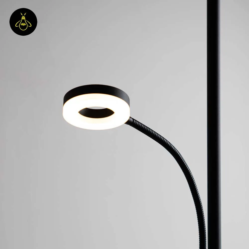 Black LED Floor Lamp with Reading Light – 2-in-1 Ring Uplight 13 Premium black LED floor lamp with reading light styled in a bright interior