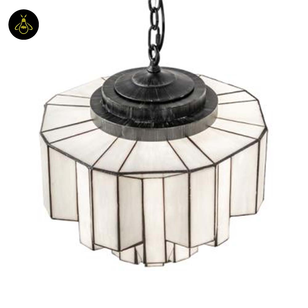 Stained Glass Chandelier – Tiered White Opal & Antique Iron, 91 cm | Jagmag Lights 4 Stained glass chandelier over a dining room table