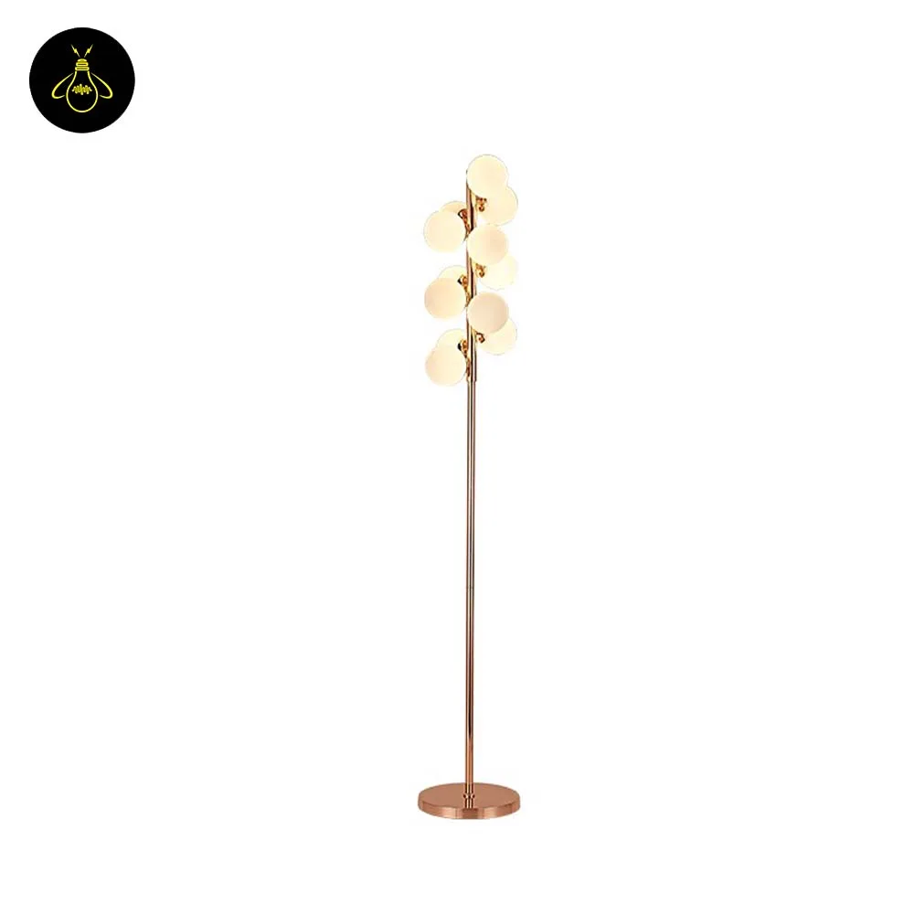 White Globe Floor Lamp – 12 Gold-Framed Opal Spheres | Ambrosia 7 White globe floor lamp with polished gold finish and 12 opal-glass spheres