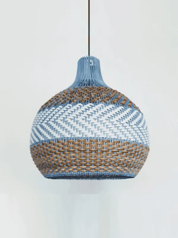 Rattan hanging lamp in the coastal finish, a 40 cm woven dome in soft blue, white and natural tan bands