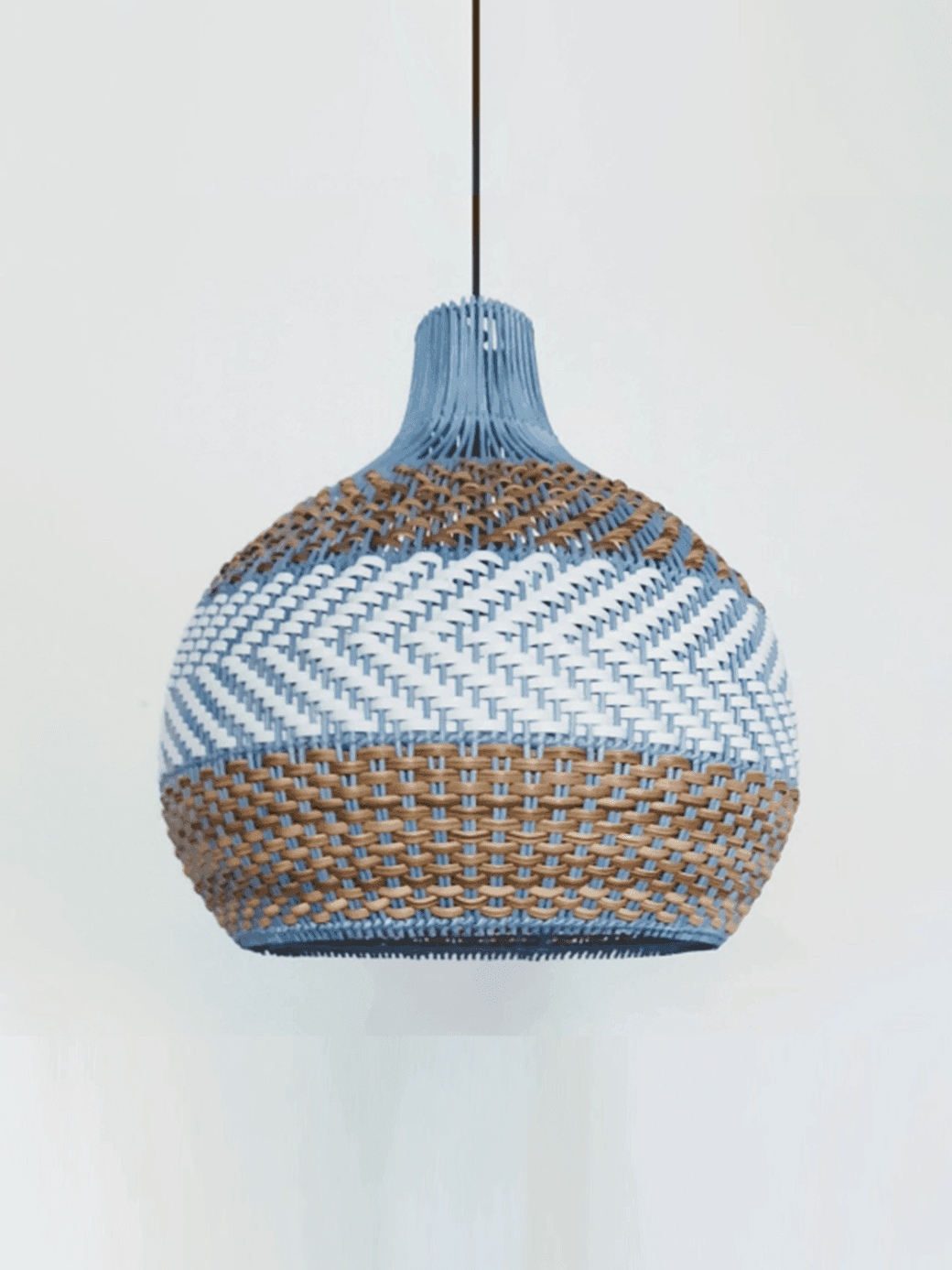 Rattan Hanging Lamp – Handwoven Coastal Pendant, 40 cm 1 Rattan hanging lamp with 40 cm blue, white and natural woven dome shade – Jagmag Lights