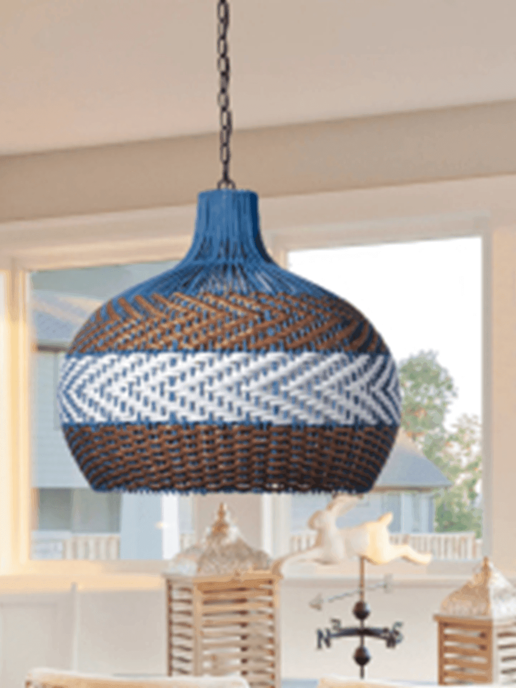 Rattan Hanging Lamp – Handwoven Coastal Pendant, 40 cm 5 Rattan hanging lamp with blue woven dome shade hanging near a sunny window – Jagmag Lights