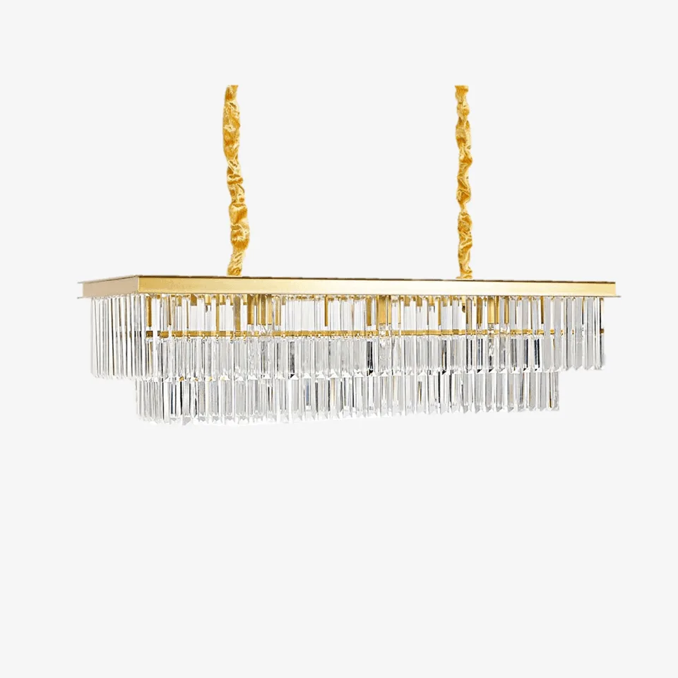 Rectangular crystal chandelier in satin gold with two tiers of clear K9 crystal prisms, front view on white