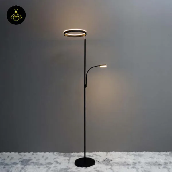 Black LED floor lamp with reading light in a residential living space