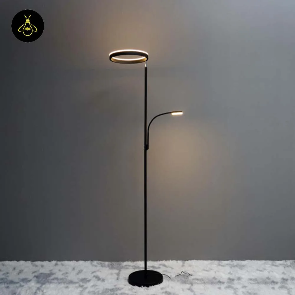 Black LED Floor Lamp with Reading Light – 2-in-1 Ring Uplight 11 Black LED floor lamp with reading light in a residential living space