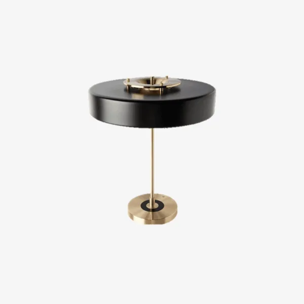 Black and gold retro study lamp on a white background, its disc shade above a slim gold stem
