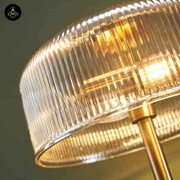 Close view of the ribbed amber borosilicate glass dome shade