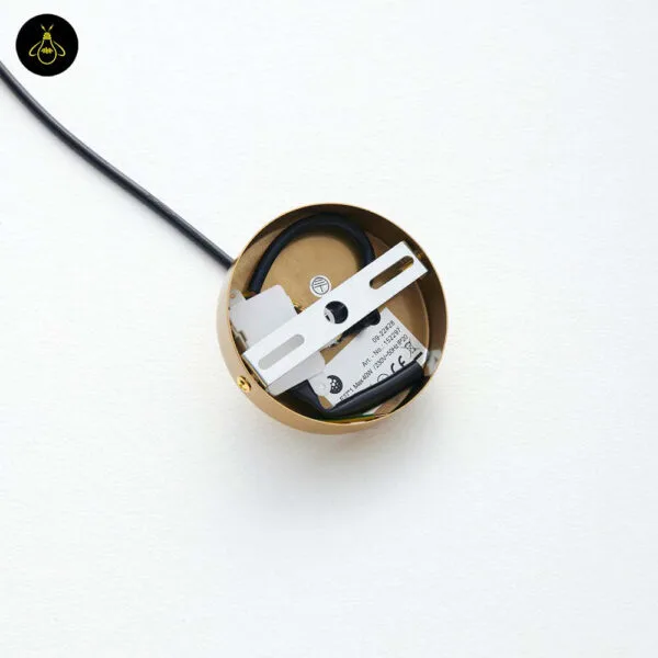 Back of the brushed gold canopy of the ribbed glass ball pendant light, mounting bracket and E27 40W IP20 label