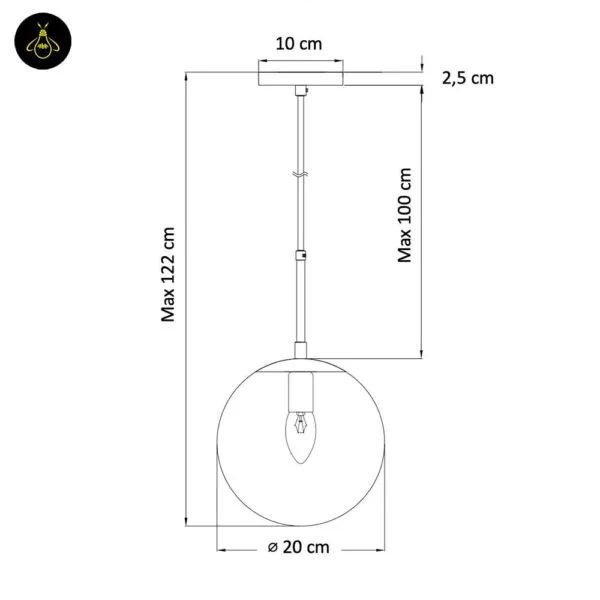 Dimension drawing of the ribbed glass ball pendant light: 20 cm globe, 10 cm canopy, cable up to 100 cm, 122 cm max drop