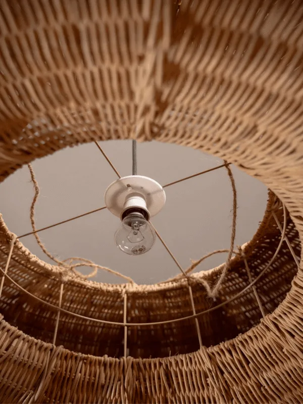 Inside the cane frame pendant light: E27 holder with a display bulb, stainless steel spider and frame, and jute-bound rattan weave