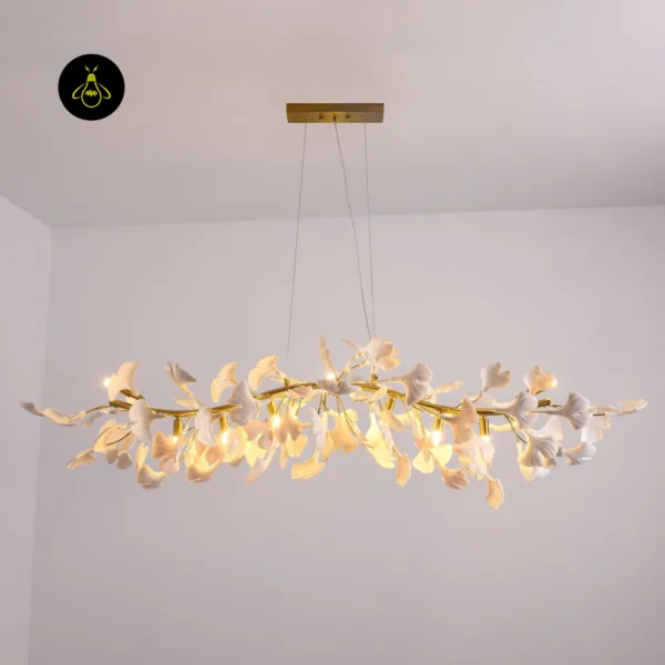 Illuminated ceramic petal chandelier with warm glow among white porcelain leaves