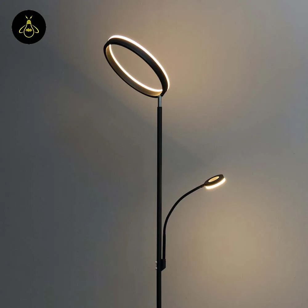 Black LED Floor Lamp with Reading Light – 2-in-1 Ring Uplight 10 Sculptural black LED ring floor lamp with reading light for modern decor