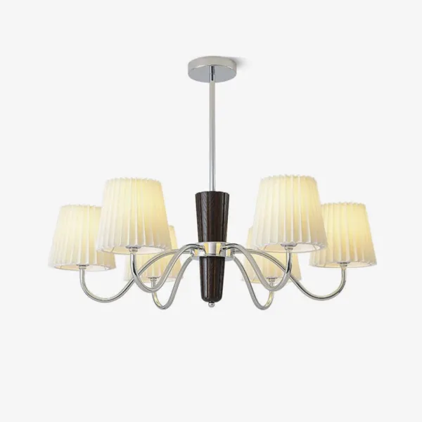 Fabric chandelier with 8 white pleated shades in walnut and chrome for living rooms