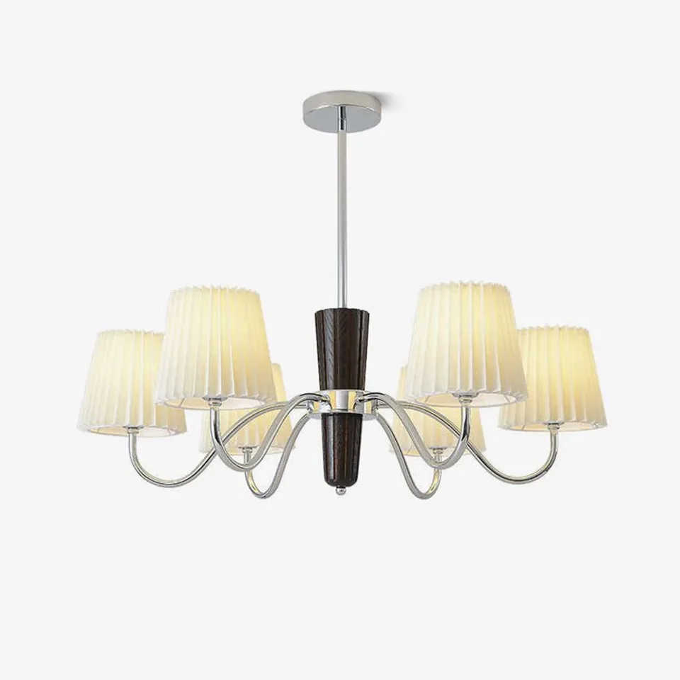 Fabric chandelier with 8 white pleated shades in walnut and chrome for living rooms