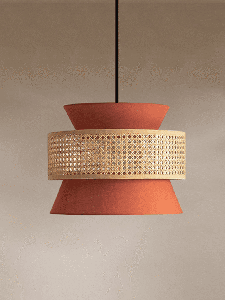 Woven cotton and cane pendant light shade, close-up