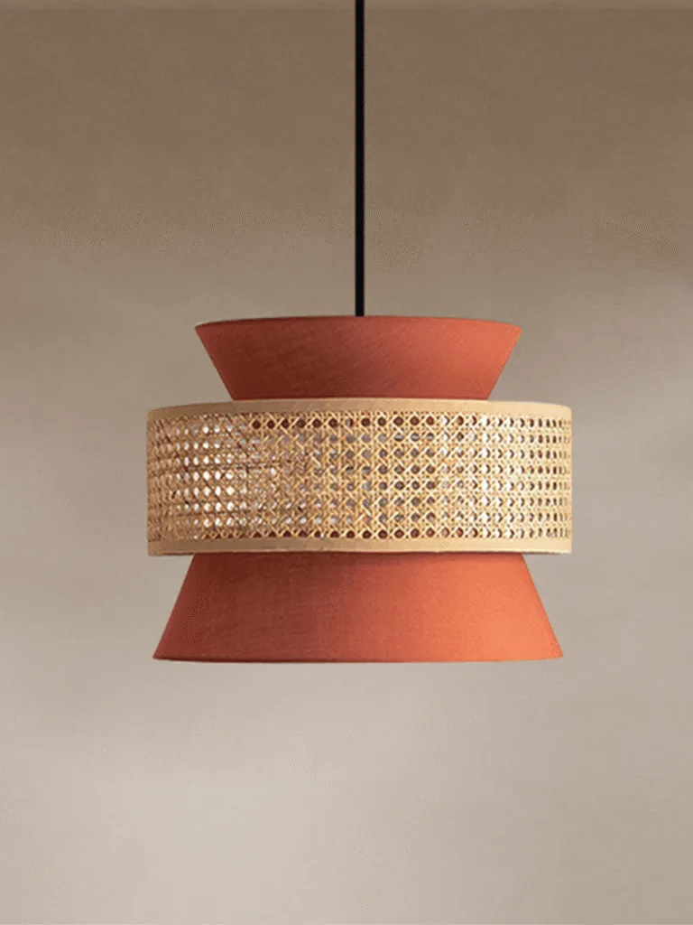 Woven cotton and cane pendant light shade, close-up